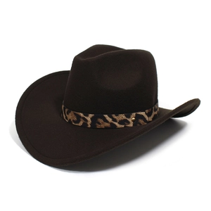 Detail of dark brown cowboy hat with leopard print band and golden metal buckle accent