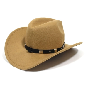 Detail of tan felt cowboy hat featuring black leather band with silver studs and metal accents