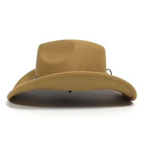 Front view of khaki felt western cowboy hat with wide curved brim and ethnic style belt