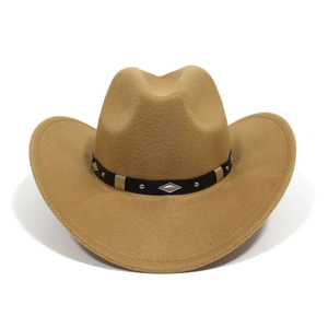 Detail of camel felt cowboy hat with vintage black belt and silver diamond metal stud