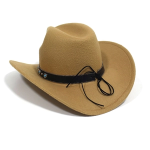 Close-up of camel felt cowboy hat featuring turquoise beads and bronze studs decoration