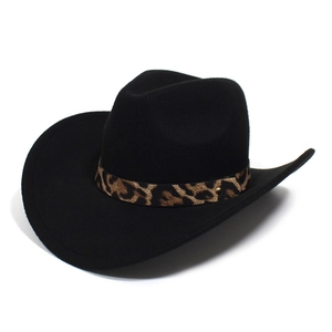 Classic black felt cowboy hat featuring a stylish leopard print band and gold buckle