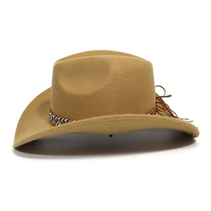 Detail of khaki cowboy hat featuring ethnic woven band and brown leather tassels