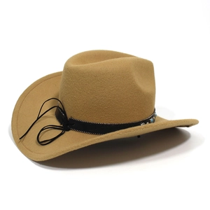 Detail of camel felt cowboy hat featuring a black leather band with turquoise beads