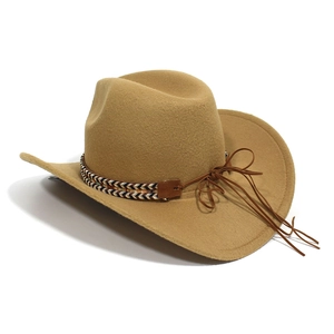 Detailed close-up of a camel felt cowboy hat with colorful woven ethnic band and leather tie