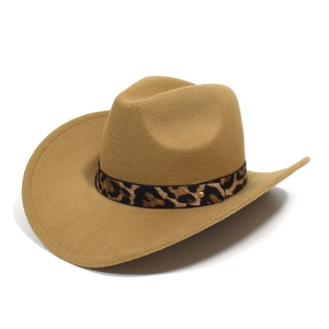 Western Cowboy Hat For Men Women Fashion Woolen Felt Jazz Hat With Leopard Print Belt Gold Rivet Wide Brim Sun Hat