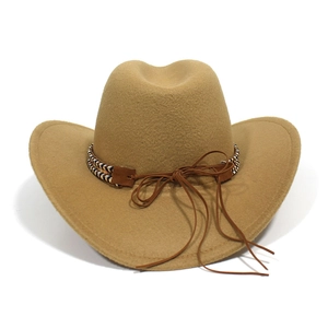 Detail of western cowboy hat with tri-color woven band and suede cord on wide brim felt