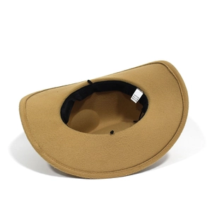 Khaki western felt cowboy hat with wide brim, featuring adjustable inner strap and sweatband