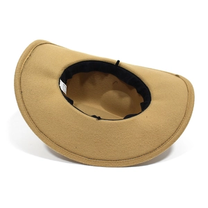 Classic khaki wide brim felt fedora hat with leopard band and interior sweatband detail