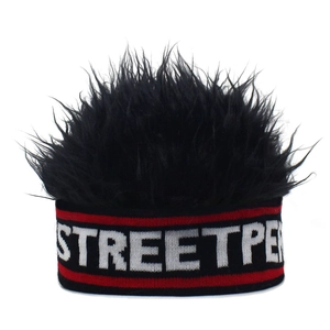 Hip hop beanie with faux hair top and red striped Streetwear knit headband design