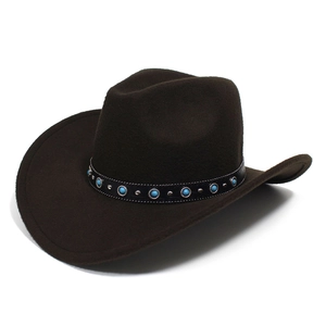 Western dark brown felt cowboy hat with ethnic style turquoise and silver rivet band