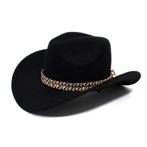 Classic black wool western cowboy hat with ethnic braided bands and wide brim