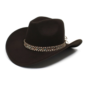 Dark brown wide brim western cowboy hat with ethnic style colorful woven band
