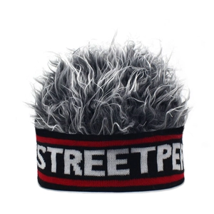 Close-up of knit headband with gray wig hair and STREETPE letters in street style