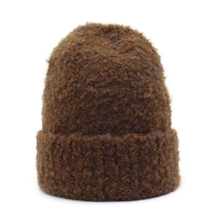 Caramel brown plush knit beanie with fluffy teddy texture for winter warmth