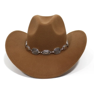 Detailed view of the dark brown felt cowboy hat featuring an embossed silver metal chain link