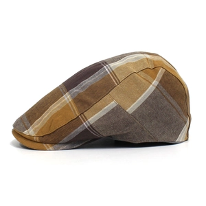 Classic cotton plaid flat cap in retro brown and yellow patterns for casual vintage style