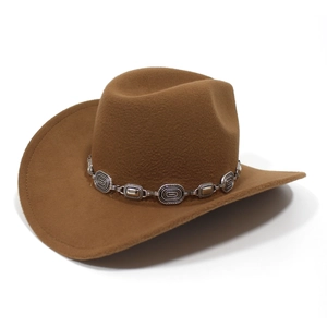 Detailed view of brown western felt hat with decorative silver metal hollow chain link