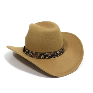 Detalle de la banda de serpiente en sombrero de vaquero de fieltro color camello