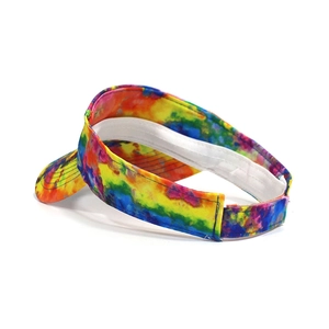 Rainbow tie-dye sun visor hat with adjustable velcro strap shown from a side view