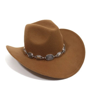 Detail of vintage brown cowboy hat featuring a retro silver metal chain decoration