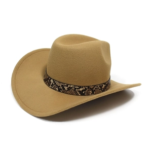 Detalle de la banda de piel de serpiente en un sombrero de vaquero de fieltro camel