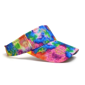 Rainbow tie-dye sun visor hat for women featuring multi-row stitching and open top design