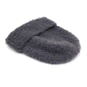 Macro detail of charcoal knit beanie featuring a distinctive bouclé textured yarn surface