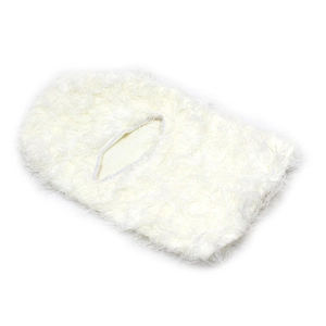 Detailed view of the soft white long-pile knitted balaclava with warm plush texture