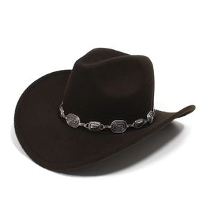 Detail of dark brown felt cowboy hat with embossed silver metal chain decoration