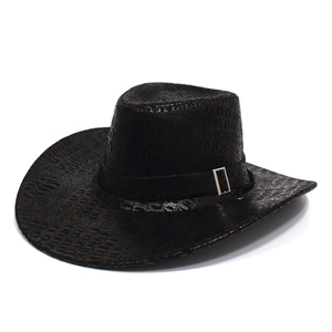 Retro dark brown cowboy hat with crocodile embossed faux leather and metal buckle