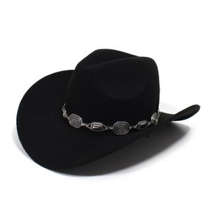Close-up of the vintage silver chain detail with oval patterns on a black felt cowboy hat