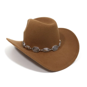 Detail of silver chain link trim on a classic brown felt western cowboy hat crown