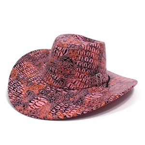 Pink and brown crocodile print cowboy hat with wide brim and square metal buckle decoration