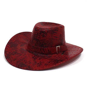 Dark red Western cowboy hat with black snake pattern texture and silver buckle detail