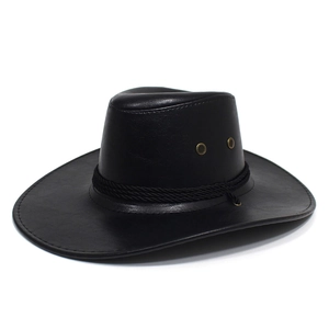 Sombrero vaquero clásico de cuero PU negro con banda trenzada y ala ancha curva elegante