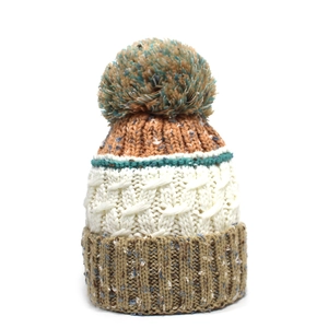 Bonnet en maille épaisse pour femme avec pompon aux tons orange, crème et kaki