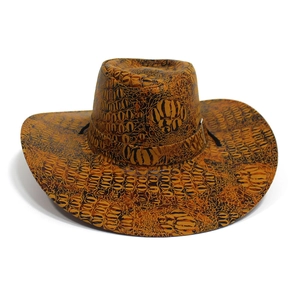 Detailed view of yellow western cowboy hat with embossed faux leather crocodile pattern