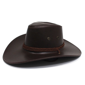 Sombrero de vaquero vintage en cuero PU marrón oscuro con banda trenzada y ala ancha