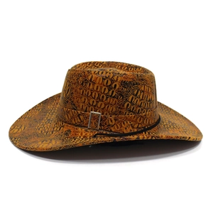 Detailed view of western cowboy hat with bionic animal texture and silver metal buckle