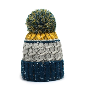 Bonnet Femme Hiver Épaissi Tricot Torsadé avec Pompon Patchwork Multicolore Doublé Polaire Chapeau Chaud Extérieur