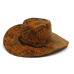 Close-up of brown western cowboy hat featuring black geometric print and braided rope detail
