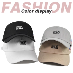 Detailed grid view of cotton USA letter baseball caps in black, white, gray, and khaki colors