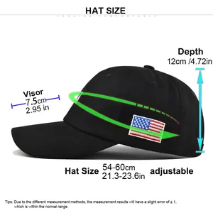 Adjustable black USA letter embroidered baseball cap with flag detail and size guide