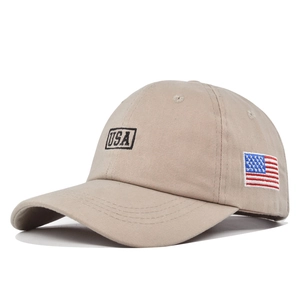 Khaki cotton baseball cap with USA letter embroidery and American flag patch on white background