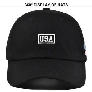 Classic black cotton baseball cap with white USA embroidery and side flag detail