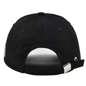 Detail of black baseball cap rear view with adjustable metal buckle and USA flag patch