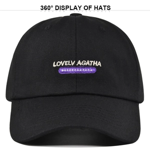 Black cotton baseball cap with white LOVELY AGATHA embroidery and purple accent detail
