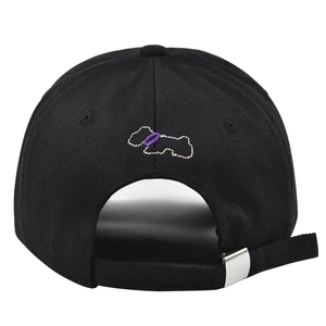 Detail of adjustable metal buckle and purple embroidery on black baseball cap back