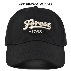 Gorra de béisbol de algodón negro con bordado blanco Forest 1768 y visera curvada